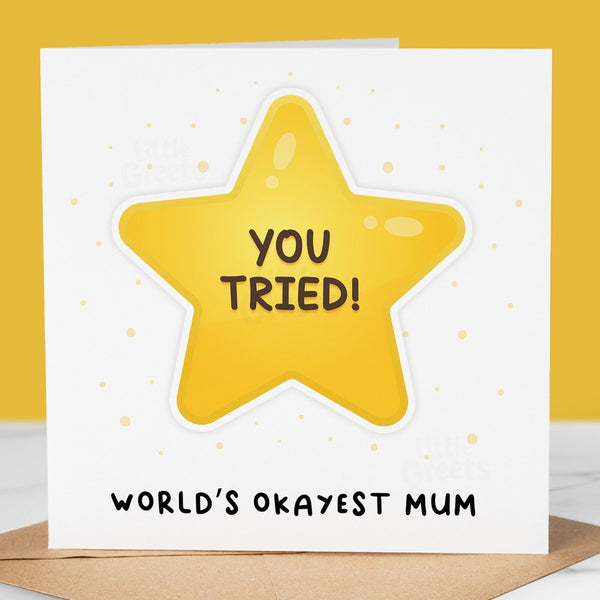 Funny Mothers Day Card, world okayest mum, Quirky Cute Greeting Card for mum