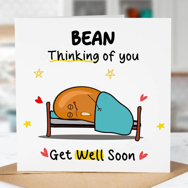 Funny Get Well Soon Card, Bean thinking of you, Quirky Cute Greeting Card, Fun